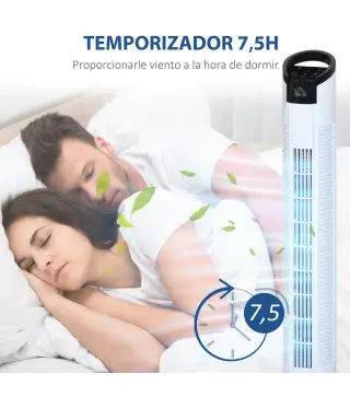 Ventilador de Torre 50W con Mando a Distancia 3 Velocidades Pantalla Temporizador y Oscilante 70° Ø20x78,5 cm Blanco