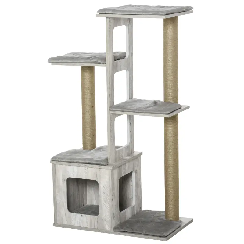 Árbol Rascador para Gatos 67x38,5x114 cm Torre de Escalada de Gatos con Cueva de Madera Múltiples Plataformas y Postes de Rascar