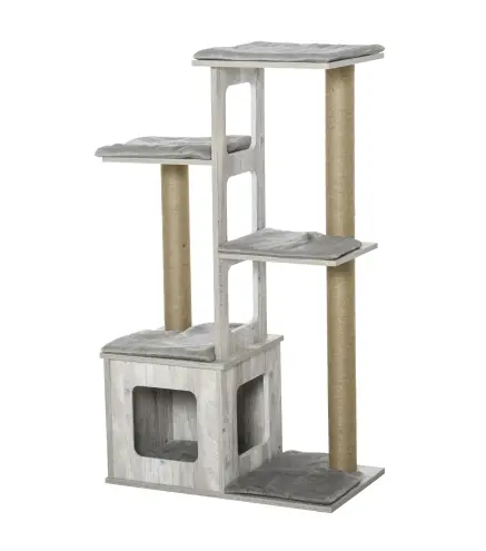 Árbol Rascador para Gatos 67x38,5x114 cm Torre de Escalada de Gatos con Cueva de Madera Múltiples Plataformas y Postes de Rascar