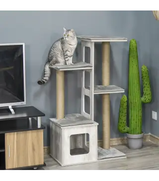 Árbol Rascador para Gatos 67x38,5x114 cm Torre de Escalada de Gatos con Cueva de Madera Múltiples Plataformas y Postes de Rascar