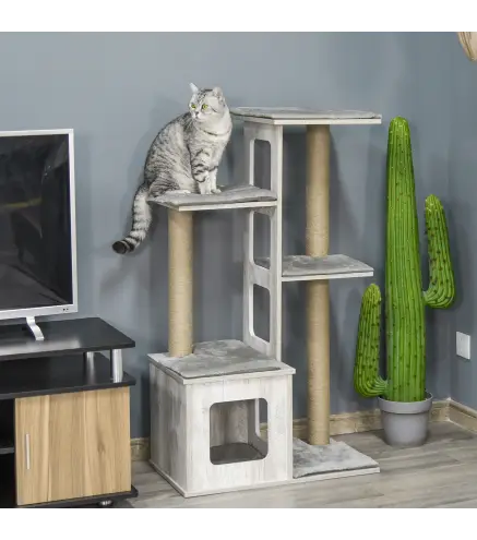 Árbol Rascador para Gatos 67x38,5x114 cm Torre de Escalada de Gatos con Cueva de Madera Múltiples Plataformas y Postes de Rascar
