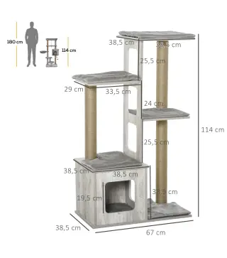 Árbol Rascador para Gatos 67x38,5x114 cm Torre de Escalada de Gatos con Cueva de Madera Múltiples Plataformas y Postes de Rascar