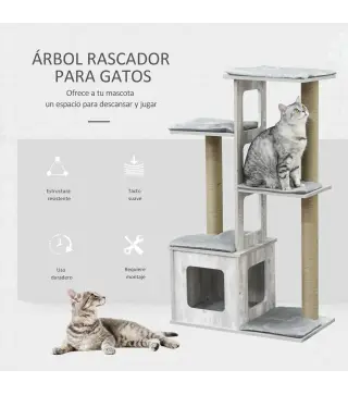 Árbol Rascador para Gatos 67x38,5x114 cm Torre de Escalada de Gatos con Cueva de Madera Múltiples Plataformas y Postes de Rascar