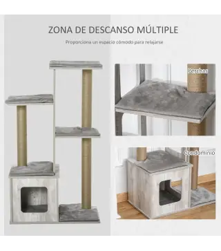 Árbol Rascador para Gatos 67x38,5x114 cm Torre de Escalada de Gatos con Cueva de Madera Múltiples Plataformas y Postes de Rascar