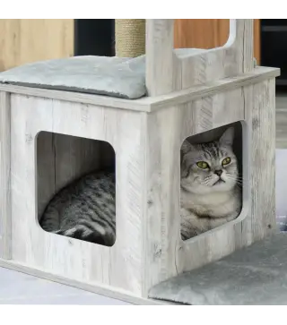 Árbol Rascador para Gatos 67x38,5x114 cm Torre de Escalada de Gatos con Cueva de Madera Múltiples Plataformas y Postes de Rascar