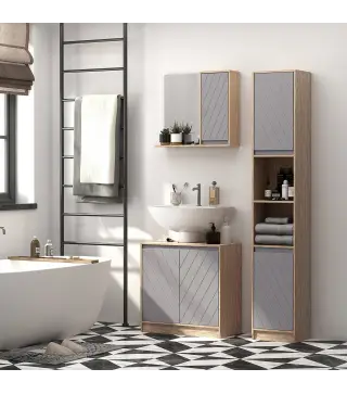 Mueble para Debajo del Lavabo Armario de Baño de Suelo con Puerta Doble y Estante Ajustable 60x30x59,8 cm Roble y Gris