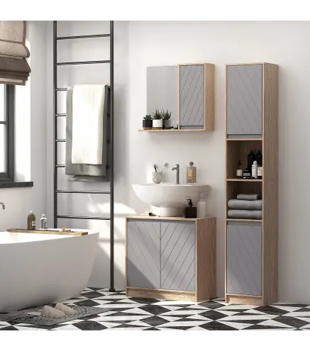 Mueble para Debajo del Lavabo Armario de Baño de Suelo con Puerta Doble y Estante Ajustable 60x30x59,8 cm Roble y Gris