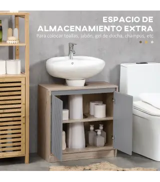 Mueble para Debajo del Lavabo Armario de Baño de Suelo con Puerta Doble y Estante Ajustable 60x30x59,8 cm Roble y Gris