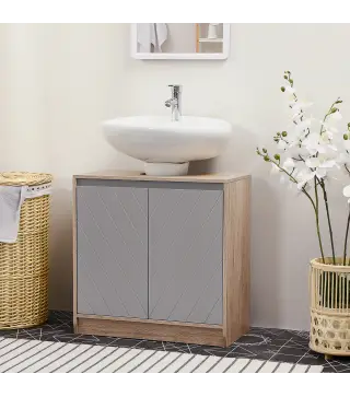 Mueble para Debajo del Lavabo Armario de Baño de Suelo con Puerta Doble y Estante Ajustable 60x30x59,8 cm Roble y Gris