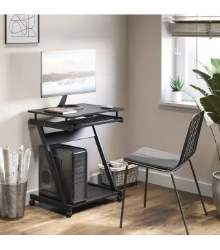 Mesa de Ordenador con Ruedas 60x48 cm con Bandeja Deslizante para Teclado y Estante Inferior Marco Metálico Negro