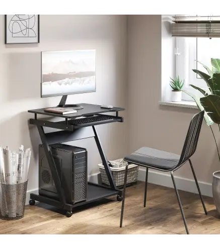 Mesa de Ordenador con Ruedas 60x48 cm con Bandeja Deslizante para Teclado y Estante Inferior Marco Metálico Negro