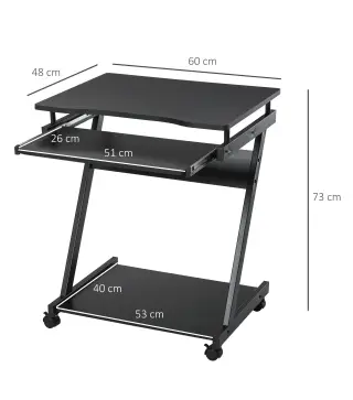 Mesa de Ordenador con Ruedas 60x48 cm con Bandeja Deslizante para Teclado y Estante Inferior Marco Metálico Negro