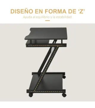 Mesa de Ordenador con Ruedas 60x48 cm con Bandeja Deslizante para Teclado y Estante Inferior Marco Metálico Negro