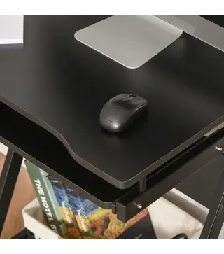 Mesa de Ordenador con Ruedas 60x48 cm con Bandeja Deslizante para Teclado y Estante Inferior Marco Metálico Negro