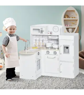Cocina de Juguete de Madera para Niños de +3 Años con 14 Accesorios Separable Cocinita Infantil con Sonido Nevera Microondas Fre