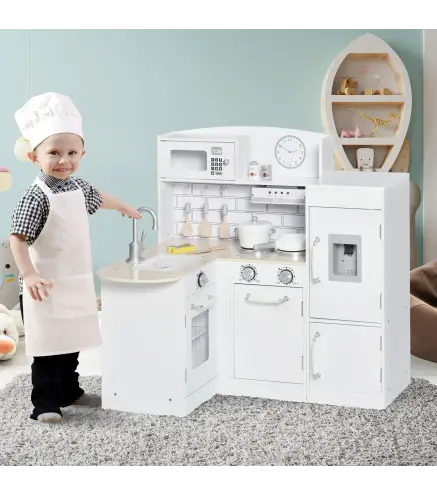 Cocina de Juguete de Madera para Niños de +3 Años con 14 Accesorios Separable Cocinita Infantil con Sonido Nevera Microondas Fre