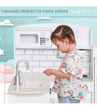 Cocina de Juguete de Madera para Niños de +3 Años con 14 Accesorios Separable Cocinita Infantil con Sonido Nevera Microondas Fre