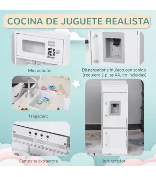 Cocina de Juguete de Madera para Niños de +3 Años con 14 Accesorios Separable Cocinita Infantil con Sonido Nevera Microondas Fre