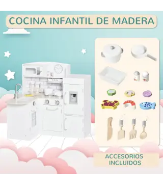 Cocina de Juguete de Madera para Niños de +3 Años con 14 Accesorios Separable Cocinita Infantil con Sonido Nevera Microondas Fre