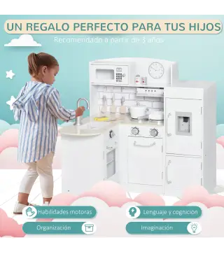 Cocina de Juguete de Madera para Niños de +3 Años con 14 Accesorios Separable Cocinita Infantil con Sonido Nevera Microondas Fre
