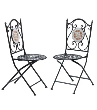 Set de 2 Sillas Plegables de Jardín Bistro Silla Asiento Mosaico para Terraza Balcón Metal Carga 120 kg 50x40x94,5 cm Negro