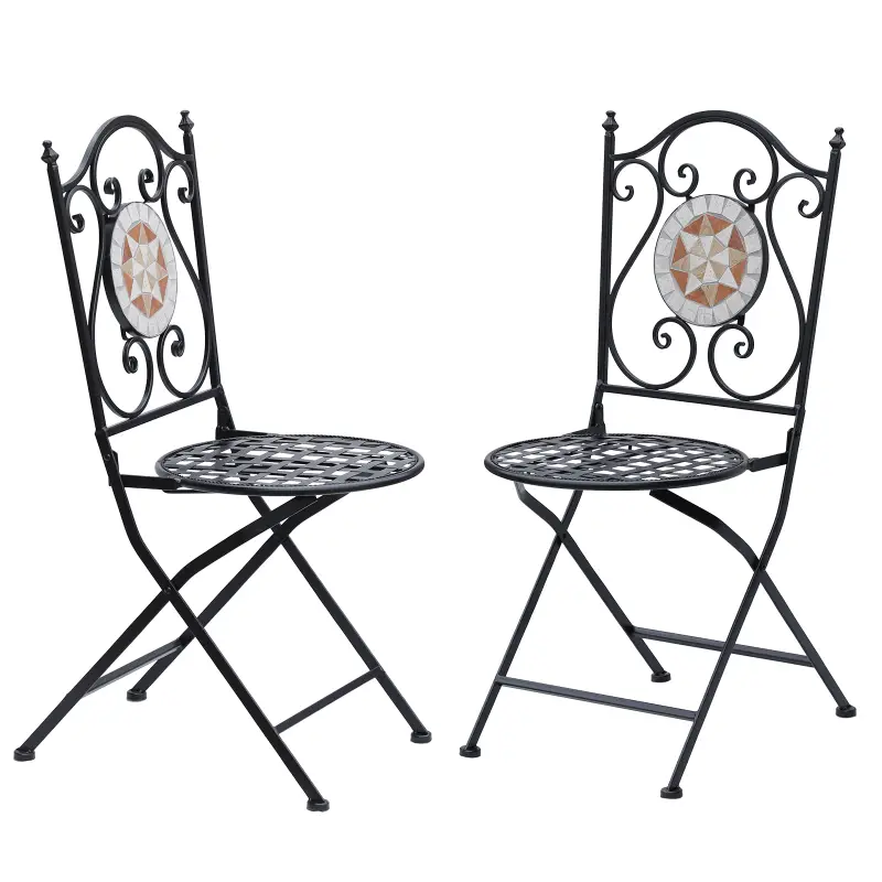 Set de 2 Sillas Plegables de Jardín Bistro Silla Asiento Mosaico para Terraza Balcón Metal Carga 120 kg 50x40x94,5 cm Negro