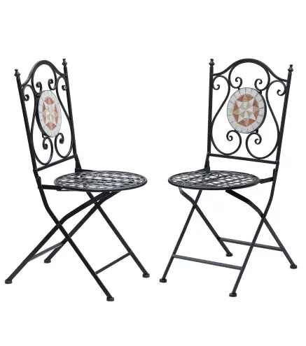 Set de 2 Sillas Plegables de Jardín Bistro Silla Asiento Mosaico para Terraza Balcón Metal Carga 120 kg 50x40x94,5 cm Negro