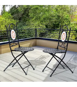 Set de 2 Sillas Plegables de Jardín Bistro Silla Asiento Mosaico para Terraza Balcón Metal Carga 120 kg 50x40x94,5 cm Negro