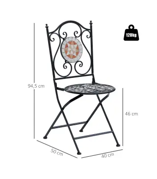 Set de 2 Sillas Plegables de Jardín Bistro Silla Asiento Mosaico para Terraza Balcón Metal Carga 120 kg 50x40x94,5 cm Negro