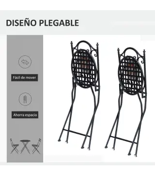 Set de 2 Sillas Plegables de Jardín Bistro Silla Asiento Mosaico para Terraza Balcón Metal Carga 120 kg 50x40x94,5 cm Negro