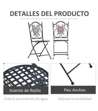 Set de 2 Sillas Plegables de Jardín Bistro Silla Asiento Mosaico para Terraza Balcón Metal Carga 120 kg 50x40x94,5 cm Negro