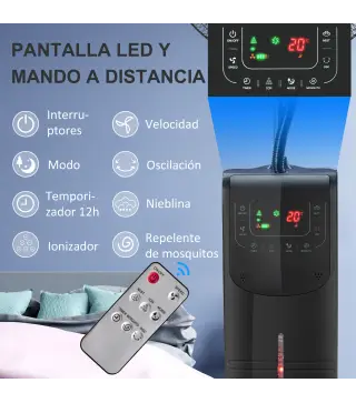 Ventilador de Pie Oscilante con Nebulizador 90W con Control Remoto 5 Aspas Tanque de Agua 3,1 L 44,5x44,5x135 cm Negro