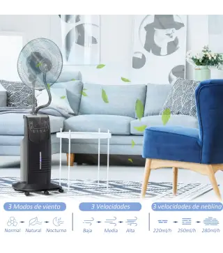 Ventilador de Pie Oscilante con Nebulizador 90W con Control Remoto 5 Aspas Tanque de Agua 3,1 L 44,5x44,5x135 cm Negro
