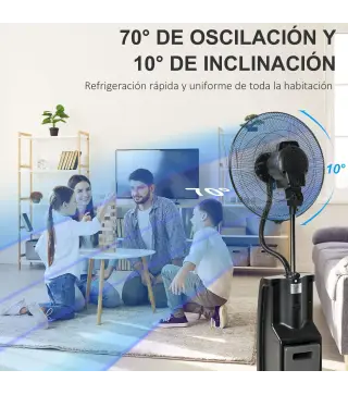 Ventilador de Pie Oscilante con Nebulizador 90W con Control Remoto 5 Aspas Tanque de Agua 3,1 L 44,5x44,5x135 cm Negro