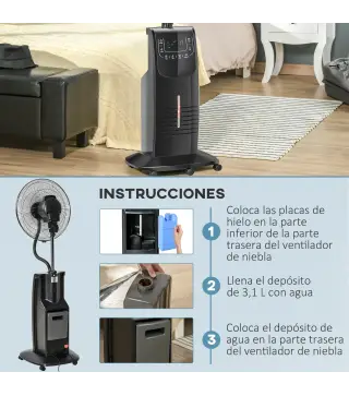 Ventilador de Pie Oscilante con Nebulizador 90W con Control Remoto 5 Aspas Tanque de Agua 3,1 L 44,5x44,5x135 cm Negro