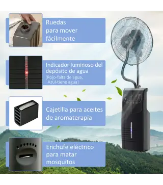 Ventilador de Pie Oscilante con Nebulizador 90W con Control Remoto 5 Aspas Tanque de Agua 3,1 L 44,5x44,5x135 cm Negro