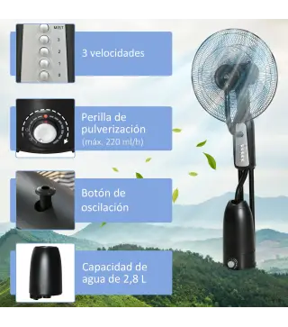 Ventilador Silencioso con Nebulización 90W, Ventilador de Pie de 120cm con 3 Velocidades, Oscilación de 70°, Cabezal Ajustable,