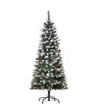 Árbol de Navidad Artificial de 150cm 408 Ramas Bayas y Piñas Puntas Nevadas Decoración Navideña de Interior Verde