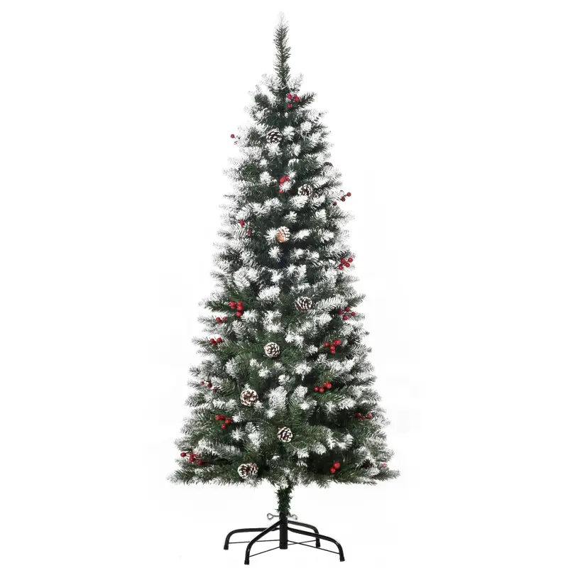 Árbol de Navidad Artificial de 150cm 408 Ramas Bayas y Piñas Puntas Nevadas Decoración Navideña de Interior Verde