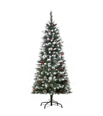 Árbol de Navidad Artificial de 150cm 408 Ramas Bayas y Piñas Puntas Nevadas Decoración Navideña de Interior Verde