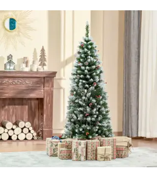 Árbol de Navidad Artificial de 150cm 408 Ramas Bayas y Piñas Puntas Nevadas Decoración Navideña de Interior Verde