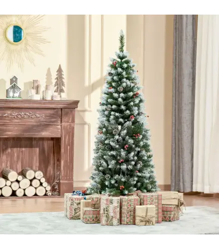 Árbol de Navidad Artificial de 150cm 408 Ramas Bayas y Piñas Puntas Nevadas Decoración Navideña de Interior Verde