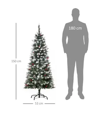 Árbol de Navidad Artificial de 150cm 408 Ramas Bayas y Piñas Puntas Nevadas Decoración Navideña de Interior Verde