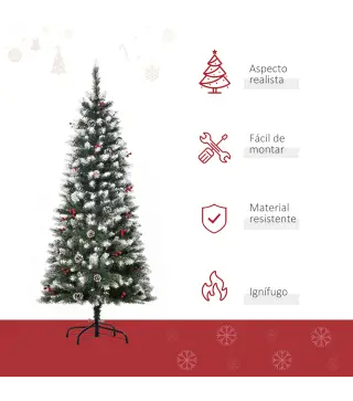 Árbol de Navidad Artificial de 150cm 408 Ramas Bayas y Piñas Puntas Nevadas Decoración Navideña de Interior Verde