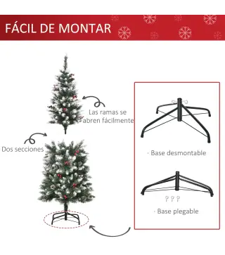 Árbol de Navidad Artificial de 150cm 408 Ramas Bayas y Piñas Puntas Nevadas Decoración Navideña de Interior Verde