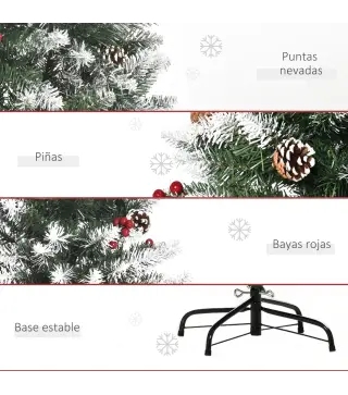 Árbol de Navidad Artificial de 150cm 408 Ramas Bayas y Piñas Puntas Nevadas Decoración Navideña de Interior Verde