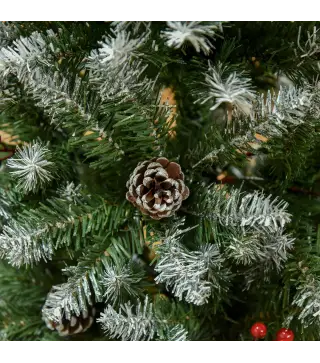 Árbol de Navidad Artificial de 150cm 408 Ramas Bayas y Piñas Puntas Nevadas Decoración Navideña de Interior Verde