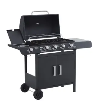 Barbacoa de Gas con 4+1 Quemadores 14,4 KW Mesas Laterales Armario de Almacenaje Termómetro y 2 Ruedas Acero Inoxidable BBQ 125x