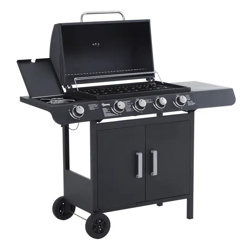 Barbacoa de Gas con 4+1 Quemadores 14,4 KW Mesas Laterales Armario de Almacenaje Termómetro y 2 Ruedas Acero Inoxidable BBQ 125x