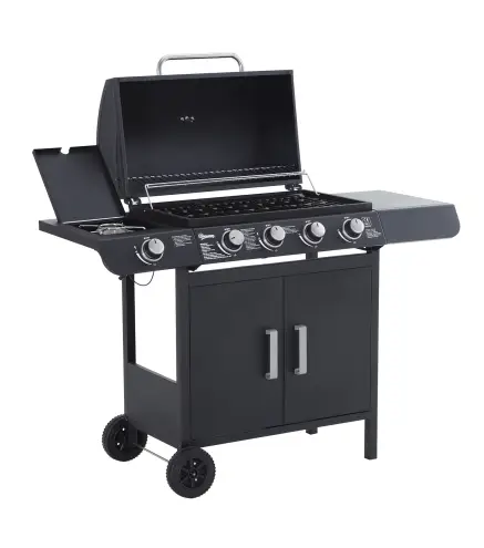 Barbacoa de Gas con 4+1 Quemadores 14,4 KW Mesas Laterales Armario de Almacenaje Termómetro y 2 Ruedas Acero Inoxidable BBQ 125x